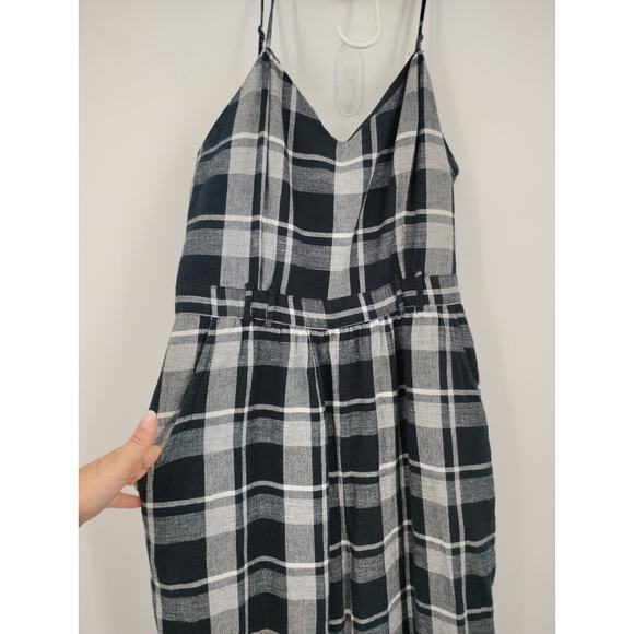 American Eagle Outfitters Black Gray Plaid Jumpsuit Belted Stretch Back Large - Picture 2 of 15